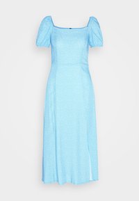 Jasnoniebieska sukienka z bufiastymi rękawami, kwadratowym dekoltem, kwiatowym wzorem, dopasowaną talią i rozcięciem z boku. Wykonana z miękkiego, teksturowanego materiału.