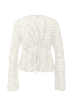 Witte, open-voorkant gebreide cardigan met lange mouwen en een striksluiting in de taille, gemaakt van een gestructureerde, semitransparante stof.