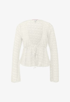Witte, open-voorkant gebreide cardigan met lange mouwen en een striksluiting in de taille, gemaakt van een gestructureerde, semitransparante stof.