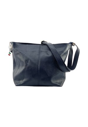 Sac bandoulière en cuir noir texturé avec bandoulière réglable et petit charme drapeau italien sur la glissière.