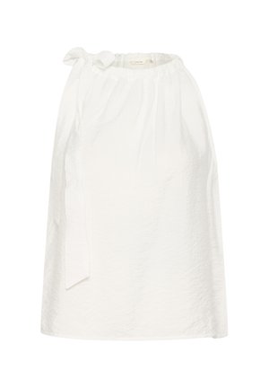 Hvid ærmeløs top lavet af tekstureret stof, med en rynket halsudskæring og en sløjfedetalje på den ene skulder.