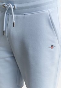 Hellblaue Sweatshorts mit Kordelzug in der Taille und Seitentaschen, mit kleinem gesticktem Schild-Logo auf dem linken Oberschenkel.