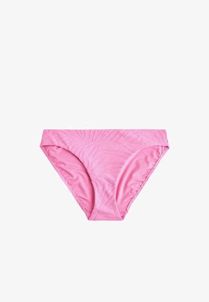 Rosa Bikinihose aus glattem Stoff mit einem dezenten Wellenmuster. Verfügt über einen mittelhohen Schnitt und einen elastischen Bund für Komfort.