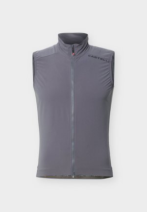 Pilka dviračių liemenė be rankovių su pilnu priekiu užtrauktuku, aukštu apykakle ir „CASTELLI“ logotipu ant kairiojo krūtinės viršaus.