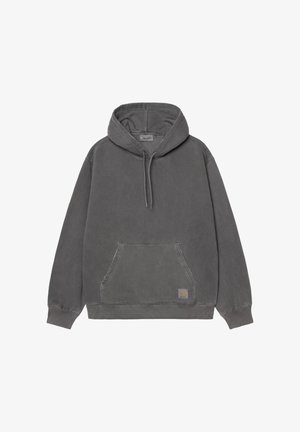 Felpa grigia con cappuccio in cotone, dotata di una tasca a kanguro, polsini e orlo a coste, con una piccola patch logo sull'orlo.