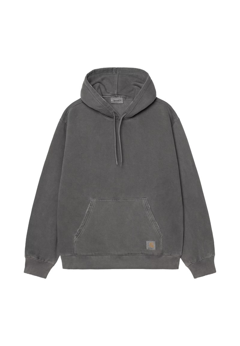 Szara bawełniana bluza z kapturem, wyposażona w kieszeń kangurkę, ściągacze na rękawach i u dołu oraz małą naszywkę z logo przy krawędzi.