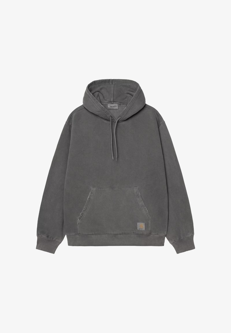 Szara bawełniana bluza z kapturem, wyposażona w kieszeń kangurkę, ściągacze na rękawach i u dołu oraz małą naszywkę z logo przy krawędzi.