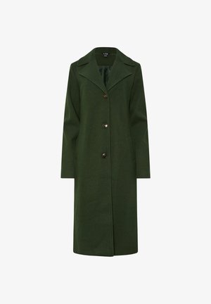 Manteau en laine pour femmes de couleur vert foncé, long, avec un large col, trois boutons foncés et des poches latérales, présenté de face sur fond blanc.