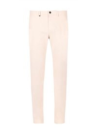 Pantaloni di cotone beige chiaro con taglio a gamba dritta. Presentano una chiusura con bottone, passanti per cintura e nessun motivo o accento visibile.
