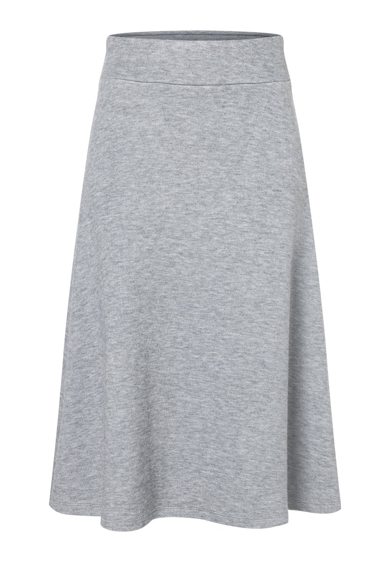 Jupe grise clair arrivant au genou avec une large ceinture, fabriquée en tissu doux et texturé, présentée sur un fond blanc.