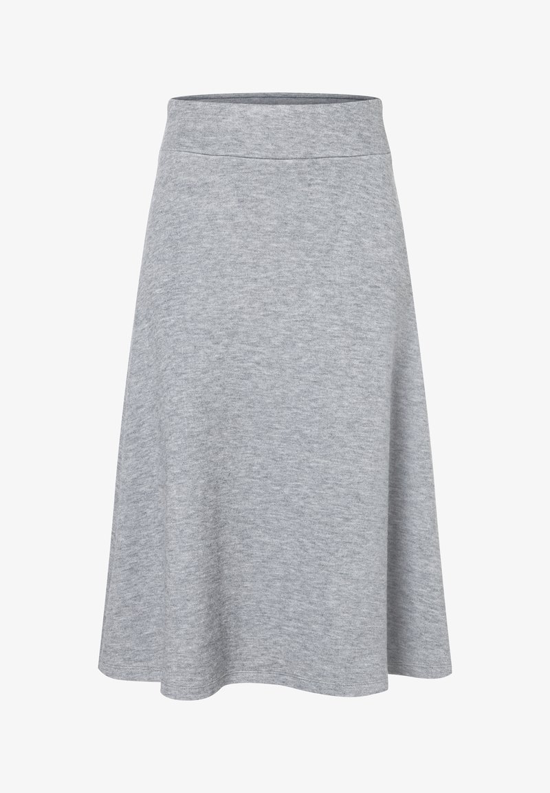 Hellgrauer knielanger Rock mit breitem Bund, aus weichem, strukturiertem Stoff, vor einem weißen Hintergrund präsentiert.