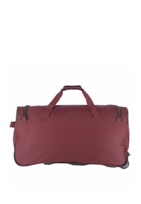 Maroon duffel bag with sturdy fabric, dual top handles, two zippers, and a rectangular shape. Smooth texture and rounded bottom.