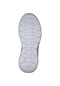 Suola di scarpa in gomma bianca con motivi e scanalature testurizzati per una migliore aderenza, con un logo al centro e una zona del piede liscia e arrotondata.