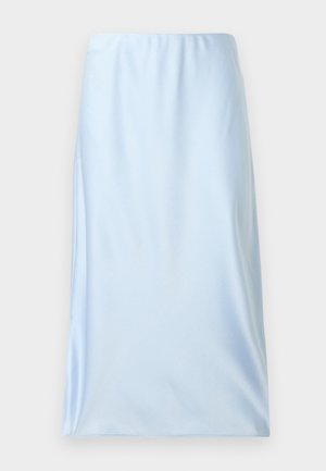 Lyseblå midi-nederdel lavet af glat, letvægtsstof. Har et enkelt design uden synlige mønstre eller beslag.