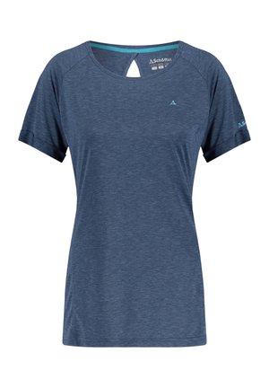 T-shirt de sport bleu pour femme à manches courtes avec encolure en forme de trou, petit logo sur la poitrine et la manche, et texture chinée subtile.