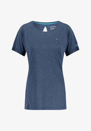 Camiseta deportiva azul de manga corta para mujer con escote en forma de ojo de cerradura, pequeño logo en el pecho y la manga, y sutil textura jaspeada.