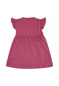 Abito a maniche corte in un morbido tessuto rosa, con gonna arricciata e piccoli motivi di uccelli color crema, maniche arricciate e scollatura rotonda.