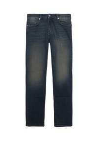 Vaqueros de mezclilla azul oscuro con corte recto, que cuentan con costuras en contraste, cinco bolsillos y un ligero desvanecimiento en los muslos.