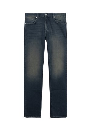 Donkerblauwe spijkerbroek met een rechte pasvorm, voorzien van contrasterende stiksels, vijf zakken en subtiele vervaging op de dijen.