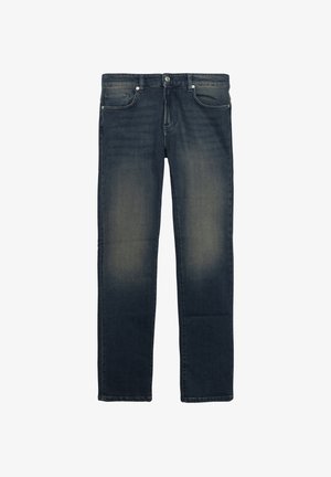 Donkerblauwe spijkerbroek met een rechte pasvorm, voorzien van contrasterende stiksels, vijf zakken en subtiele vervaging op de dijen.