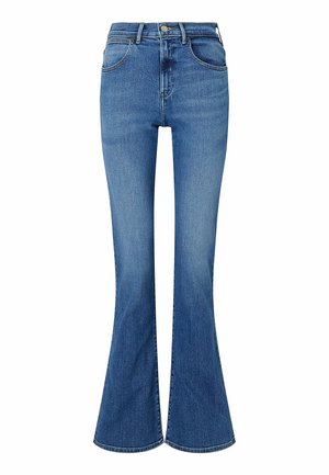 Jeans in denim blu a vita alta con gambale svasato, dotati di cinque tasche, passanti per cintura e chiusura con zip e bottone.