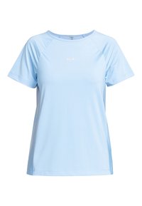 Lichtblauw T-shirt met korte mouwen, gemaakt van gladde, rekbare stof. Het heeft een ronde halslijn en een subtiel logo op de voorkant.