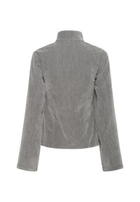 Grå kordfløjljakke med høj krave, lange ærmer og en skræddersyet pasform. Har en subtil vertikal tekstur i hele stoffet.