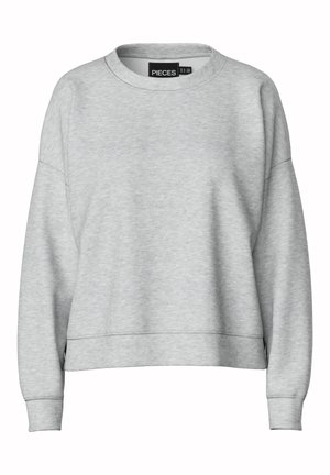 Grå hettegenser med rund hals og senkede skuldre. Laget av myk stoff, har et cropped design og ribbestrikkede mansjetter. Enkel etikett ved kragen.