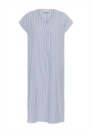 Vestido de rayas azul claro con un corte holgado, que presenta mangas cortas tipo cap sleeve, escote en V y un diseño hasta la rodilla. Está hecho de una tela suave.