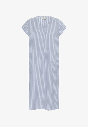 Gaiši zils svītrainais kleitis brīvā piegriezumā ar īsām piedurknēm, V-veida dekoltē un līdz ceļiem garumu. Izgatavots no mīksta auduma.