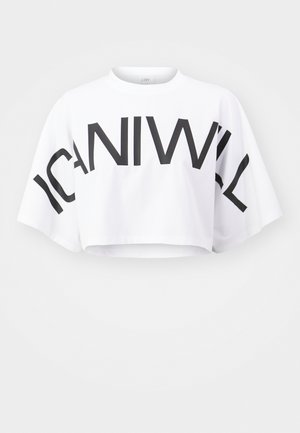 White cropped t-shirt with short sleeves, featuring large black text "ICANIWILL" across the front. Smooth cotton fabric, relaxed fit.