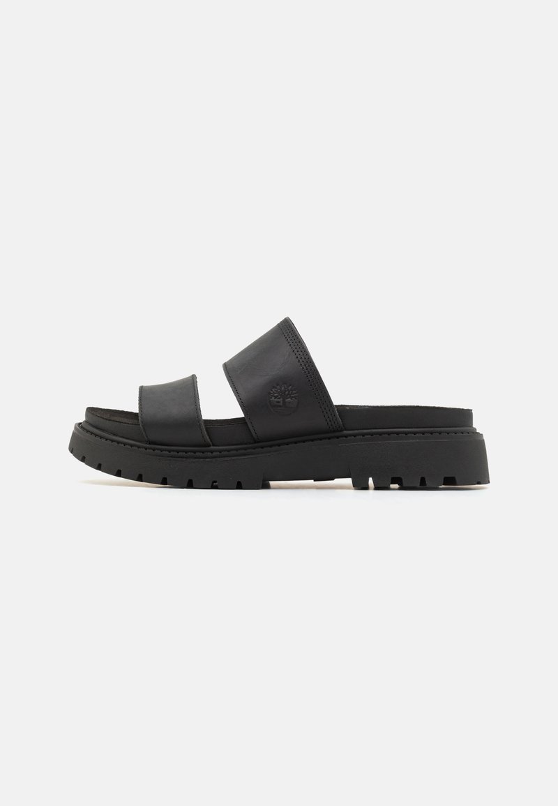Black leather sandals with two wide straps, thick ridged sole, and embossed logo. Smooth texture and minimalist design.