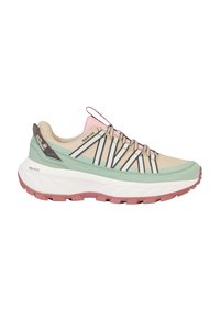 Leichter Sneaker in Beige, Mintgrün und Pink. Mit einer strukturierten Oberseite mit elastischer Schnürung, einer gepolsterten weißen Zwischensohle und einer robusten pinkfarbenen Außensohle.