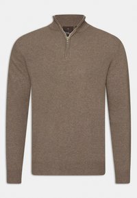 Bruine zip-neck trui, gemaakt van zachte stof, met lange mouwen, geribbelde manchetten en een gladde textuur. Eenvoudig en elegant ontwerp.