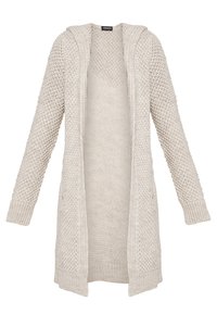 Jasnobeżowy dziergany kardigan z kapturem, bez zapięcia z przodu, z długimi rękawami i teksturowanym wzorem na całej powierzchni. Posiada dwie przednie kieszenie.