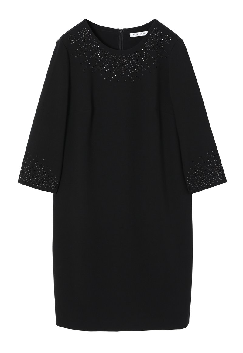 Czarna sukienka z okrągłym dekoltem, rękawami o długości 3/4, ozdobiona okrągłymi cyrkoniami wokół dekoltu i mankietów.