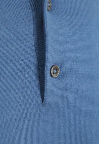 Lichtblauw gebreid poloshirt met een gestructureerde afwerking, voorzien van een drieknoopsluiting en een kleine zijsplit bij de zoom.
