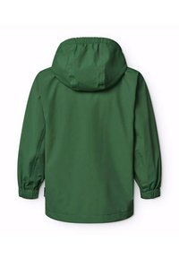 Groene waterdichte jas met een capuchon, elastische manchetten en een rechte zoom. Gladde textuur, eenvoudig ontwerp en geen zichtbare logo's of patronen.