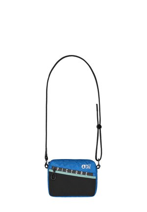 Blue and black crossbody bag with a zippered pocket, adjustable strap, and a textured finish. Features logo and horizontal accent strip.