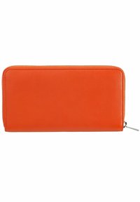 Portafoglio in pelle arancione con texture liscia, forma rettangolare e zip con tirante rotondo. I bordi sono cuciti con cuciture delicate.