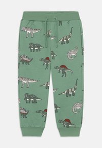 Grüne Kinderhose mit Dinosaurier-Illustrationen, einschließlich T-Rex, Stegosaurus, Triceratops und Brachiosaurus, mit elastischem Bund und Bündchen.