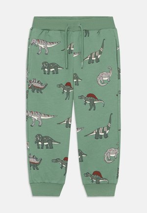 Grüne Kinderhose mit Dinosaurier-Illustrationen, einschließlich T-Rex, Stegosaurus, Triceratops und Brachiosaurus, mit elastischem Bund und Bündchen.
