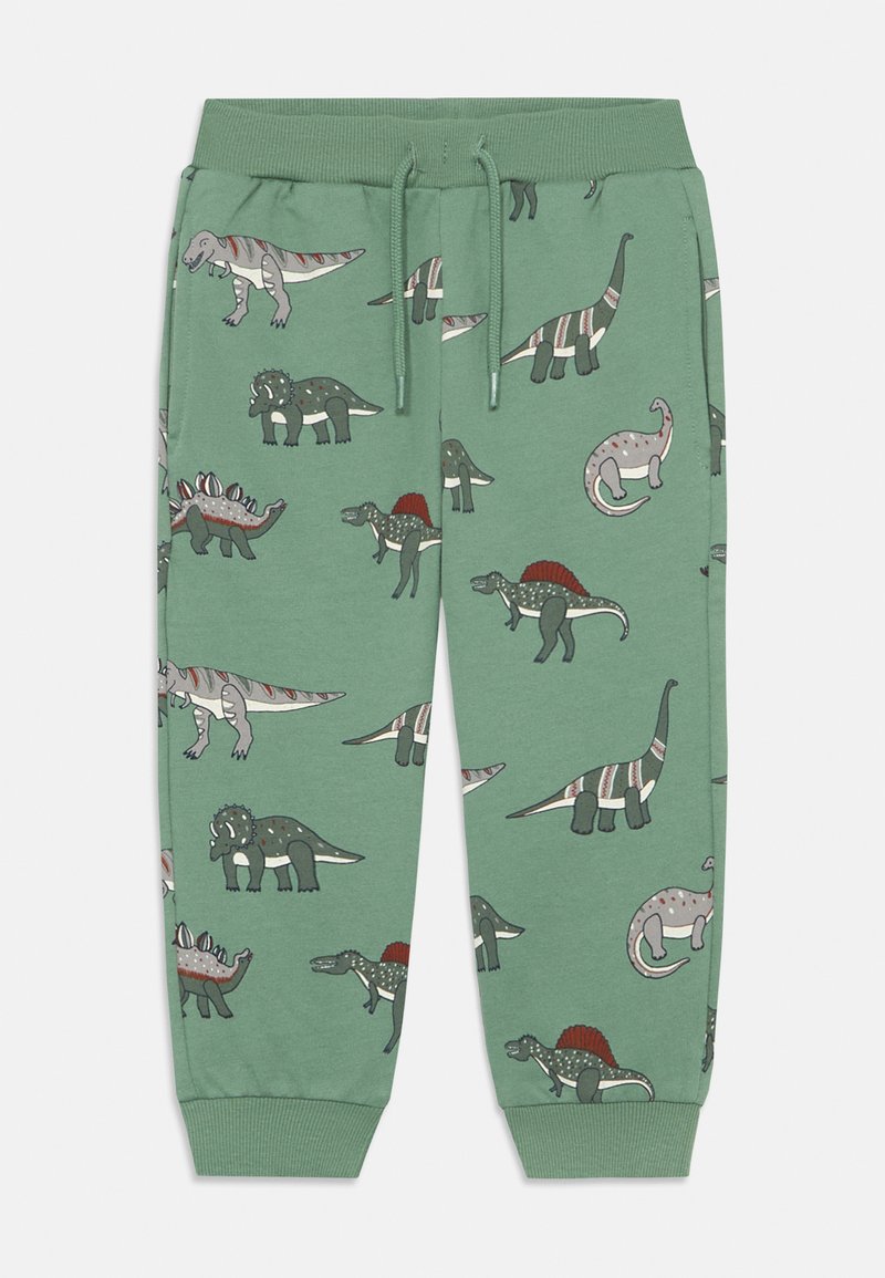 Grüne Kinderhose mit Dinosaurier-Illustrationen, einschließlich T-Rex, Stegosaurus, Triceratops und Brachiosaurus, mit elastischem Bund und Bündchen.