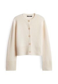 Cremfarbener Strickcardigan mit langen Ärmeln, gerippten Bündchen und Saum, rundem Ausschnitt und fünf vorderen Knöpfen.