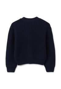 Pull en maille bleu foncé, avec une texture côtelée, un col rond et une longueur courte, agrémenté de poignets et d'un ourlet côtelés.