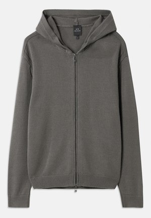 Grijze gebreide hoodie met een volledige voorkleur rits, ribbelmanchetten en zoom, en een capuchon met trekkoord. Glad oppervlak met een eenvoudig ontwerp.