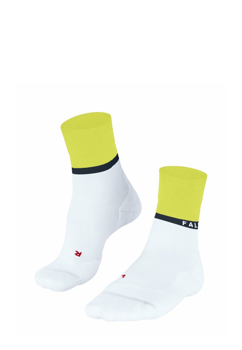 Weiße Socken mit gelben Bündchen und einem marineblauen Streifen; versehen mit einem Logo in Rot. Hergestellt aus einem glatten Textil; kurz und knöchelhoch.