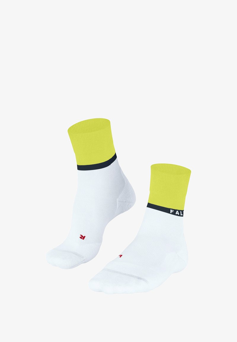 Weiße Socken mit gelben Bündchen und einem marineblauen Streifen; versehen mit einem Logo in Rot. Hergestellt aus einem glatten Textil; kurz und knöchelhoch.