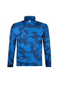 Blauwe camouflagejas met een hoge kraag, lange mouwen en textuurpatronen waaronder geometrische vormen. Beschikt over een logo op de nek.