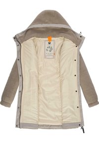 Padded jacket featuring a light gray outer shell and a tan fleece interior. Includes a hood and tag with orange accent.